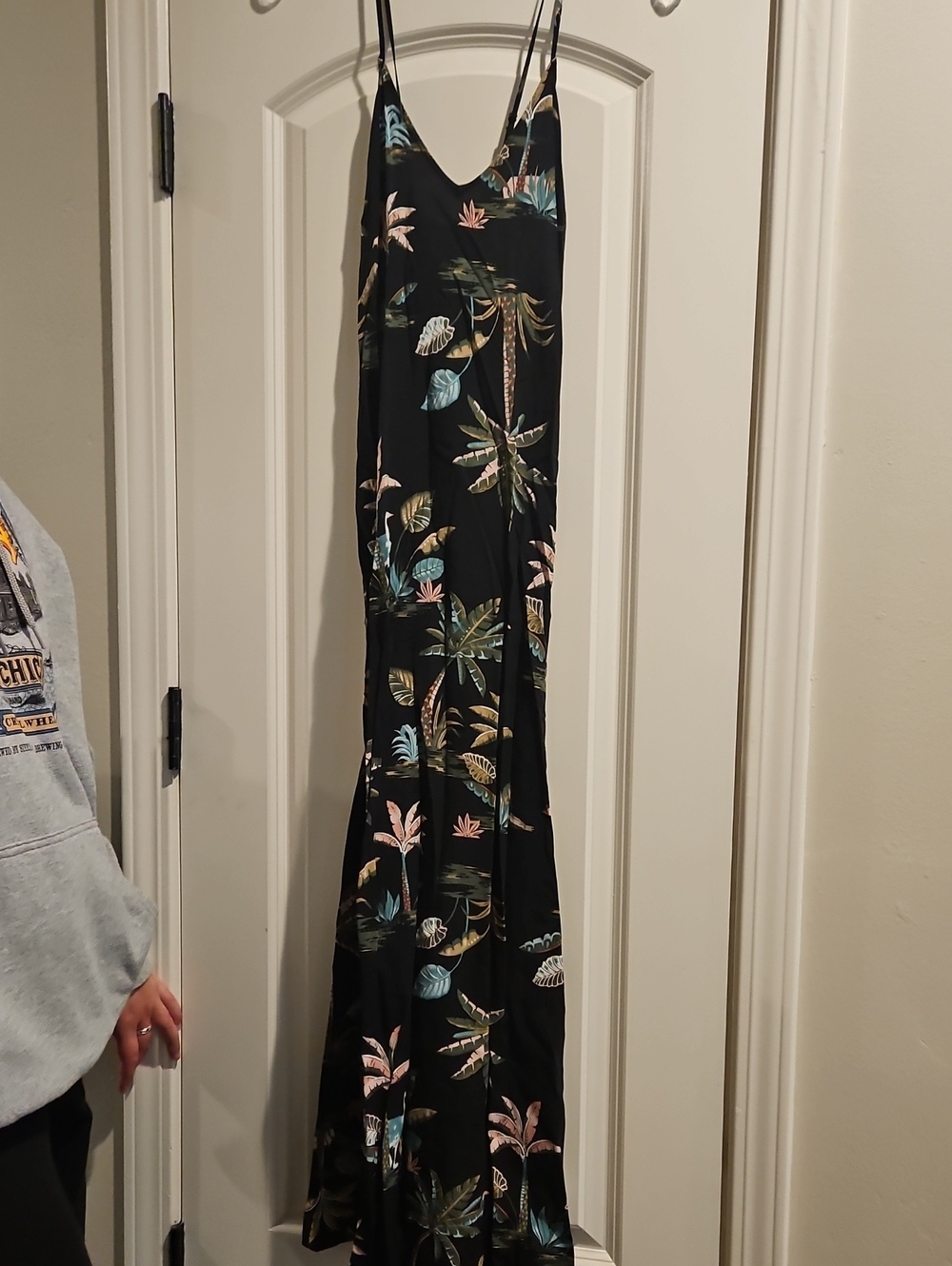 Old Navy Black Tropical Slip Maxi Dress with Pastel Leaf Print